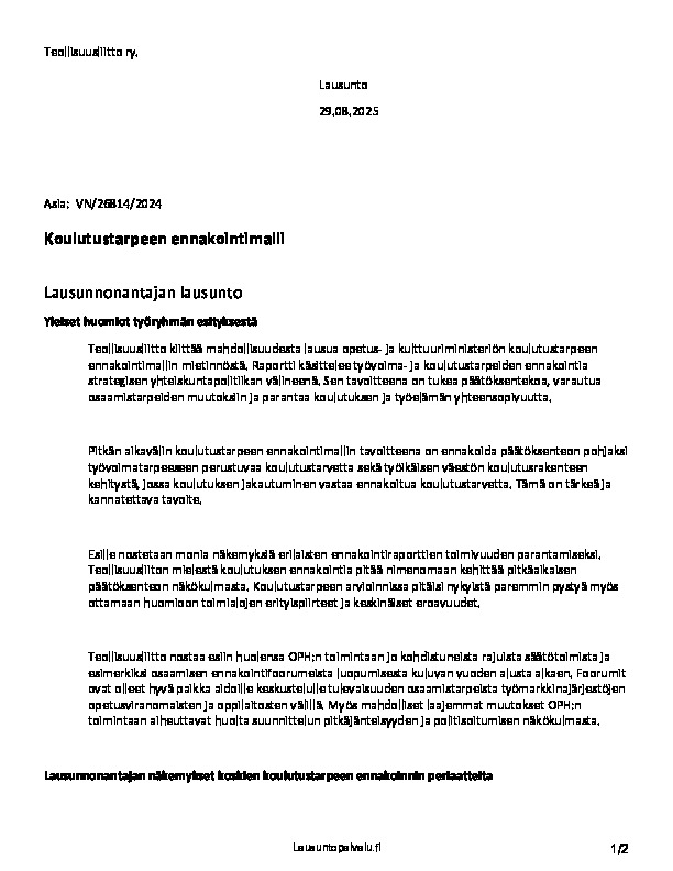 Teollisuusliiton lausunto koulutustarpeen ennakointimallista (VN/26814/2024)